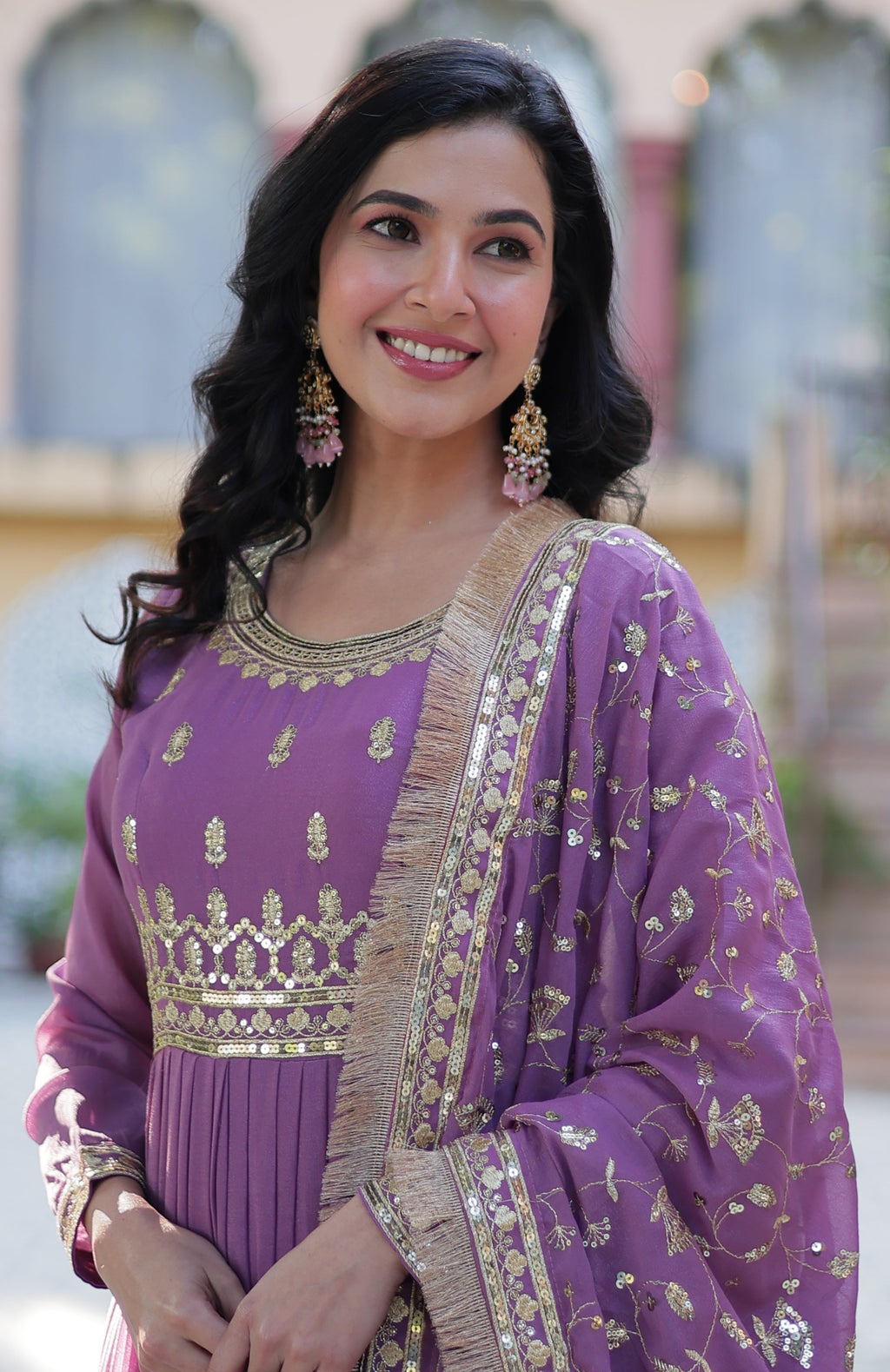 Vedant Vastram Heavy Embroidery & Sequins Work Pure Georgette Gown With Dupatta - Light Violet | Grocsy
