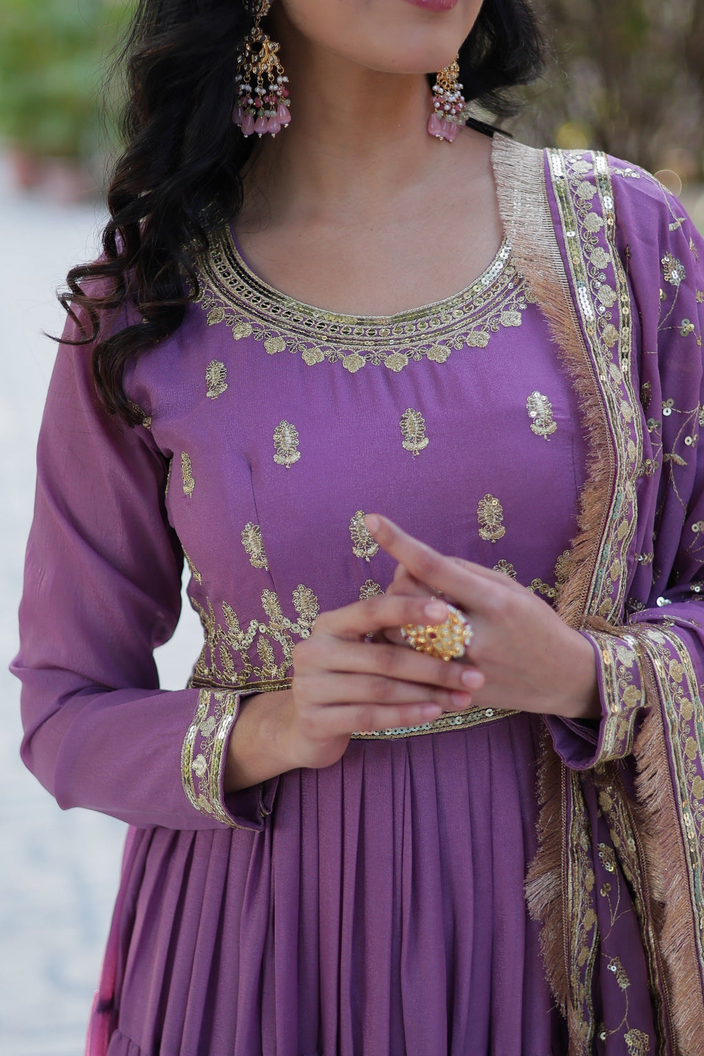 Vedant Vastram Heavy Embroidery & Sequins Work Pure Georgette Gown With Dupatta - Light Violet | Grocsy