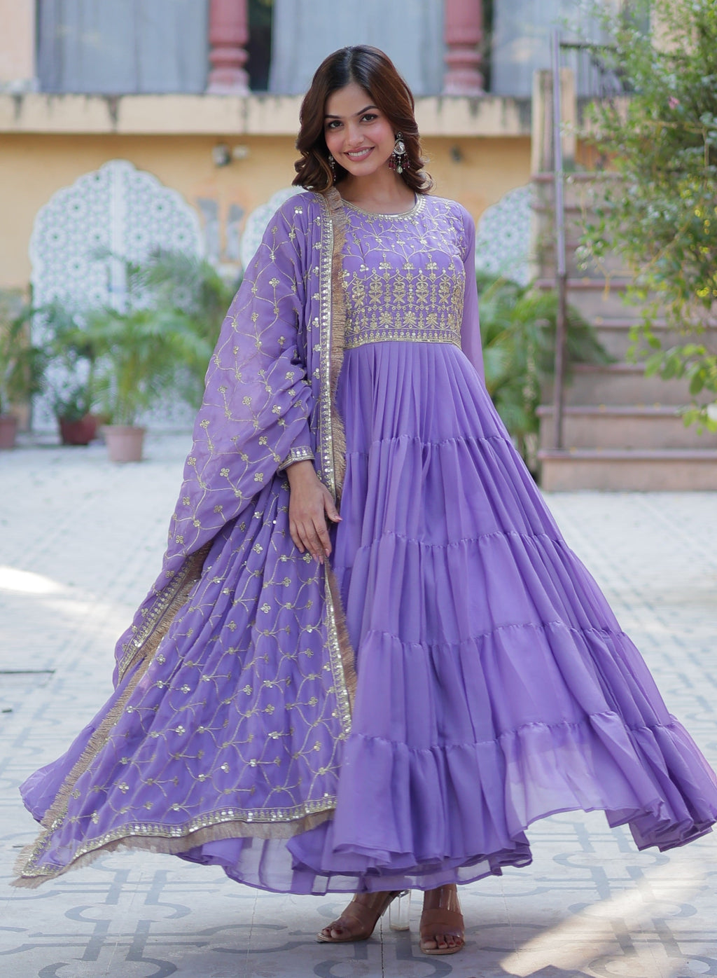 Vedant Vastram Heavy Embroidery & Sequins Work Pure Georgette Gown With Dupatta - Lavender | Grocsy