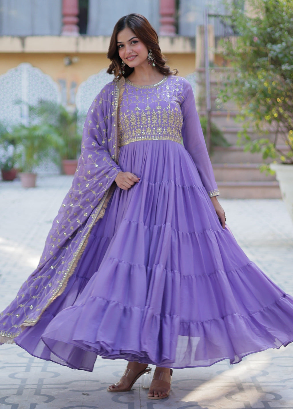 Vedant Vastram Heavy Embroidery & Sequins Work Pure Georgette Gown With Dupatta - Lavender | Grocsy