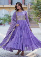Vedant Vastram Heavy Embroidery & Sequins Work Pure Georgette Gown With Dupatta - Lavender | Grocsy