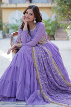 Vedant Vastram Heavy Embroidery & Sequins Work Pure Georgette Gown With Dupatta - Lavender | Grocsy