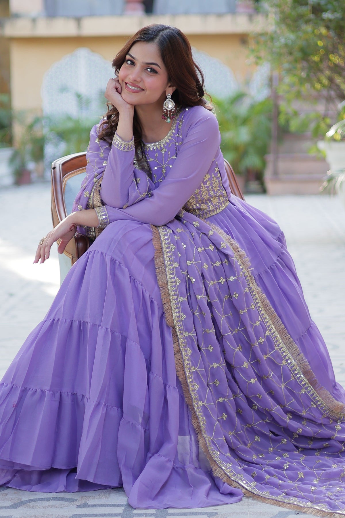 Vedant Vastram Heavy Embroidery & Sequins Work Pure Georgette Gown With Dupatta - Lavender | Grocsy