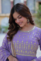 Vedant Vastram Heavy Embroidery & Sequins Work Pure Georgette Gown With Dupatta - Lavender | Grocsy