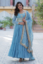 Vedant Vastram Heavy Embroidery & Sequins Work Pure Georgette Gown With Dupatta - Sky Blue | Grocsy