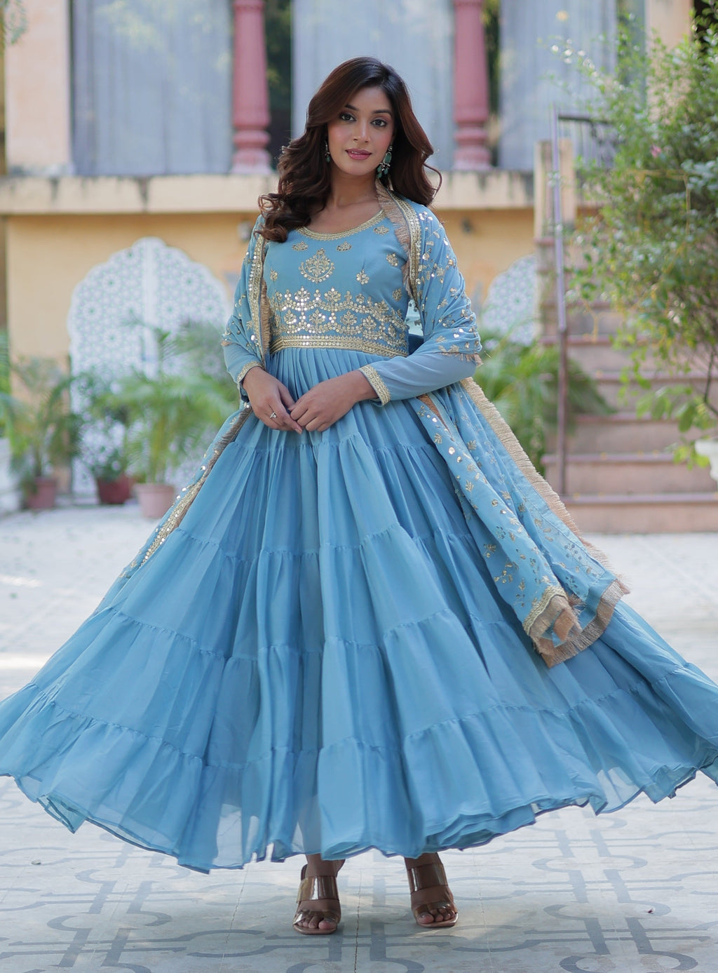 Vedant Vastram Heavy Embroidery & Sequins Work Pure Georgette Gown With Dupatta - Sky Blue | Grocsy