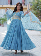 Vedant Vastram Heavy Embroidery & Sequins Work Pure Georgette Gown With Dupatta - Sky Blue | Grocsy