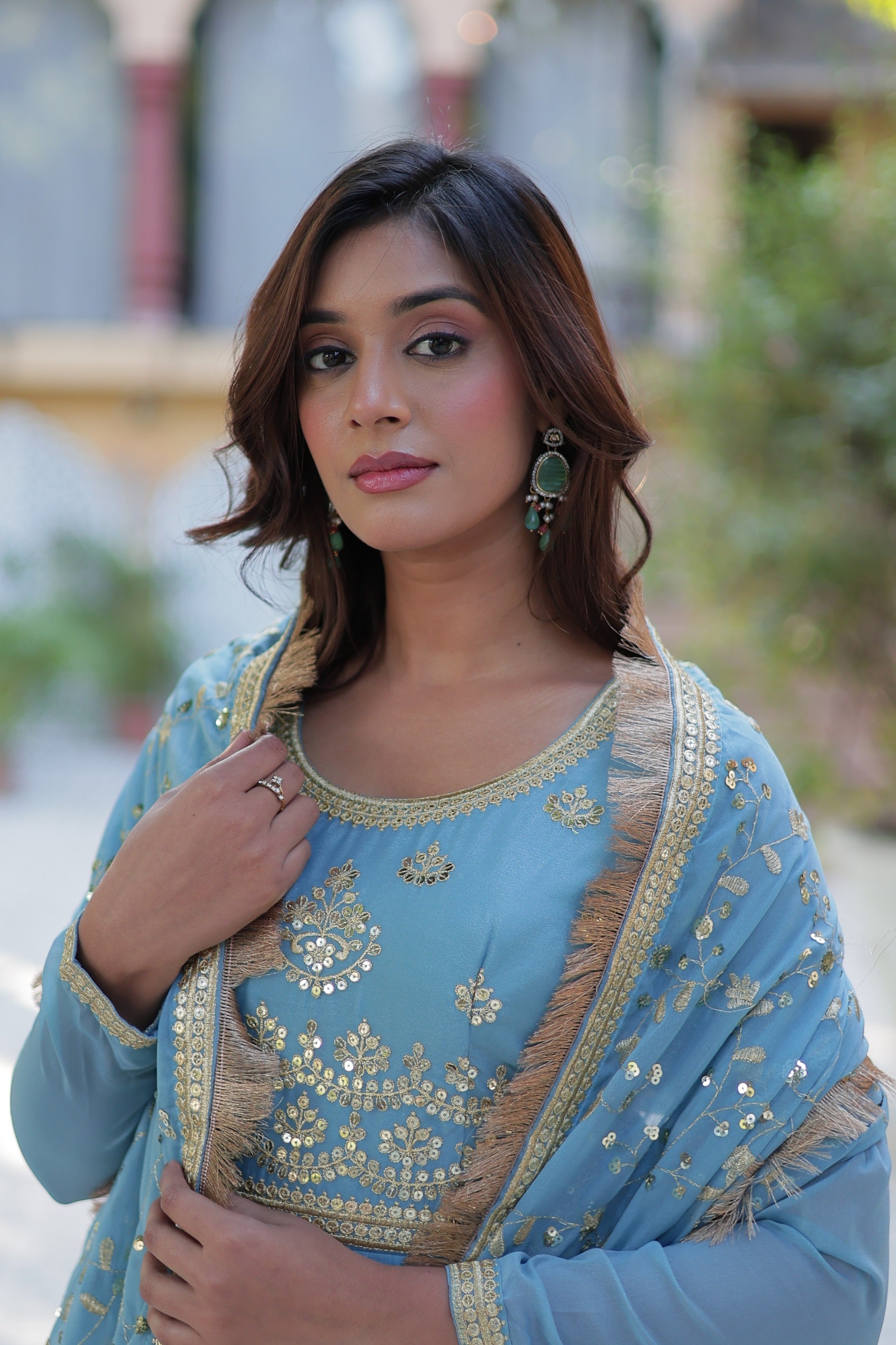 Vedant Vastram Heavy Embroidery & Sequins Work Pure Georgette Gown With Dupatta - Sky Blue | Grocsy