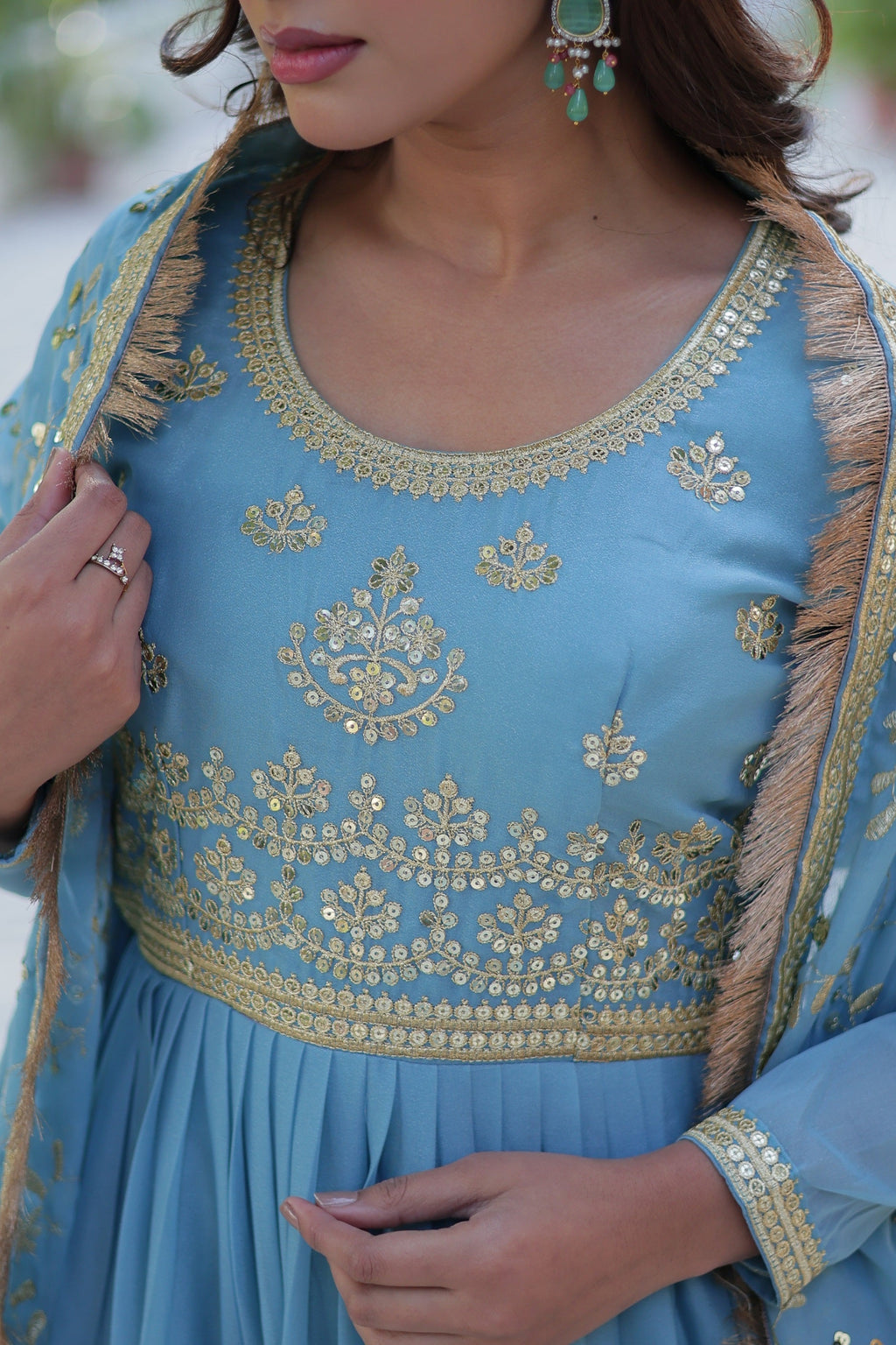 Vedant Vastram Heavy Embroidery & Sequins Work Pure Georgette Gown With Dupatta - Sky Blue | Grocsy