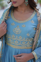 Vedant Vastram Heavy Embroidery & Sequins Work Pure Georgette Gown With Dupatta - Sky Blue | Grocsy