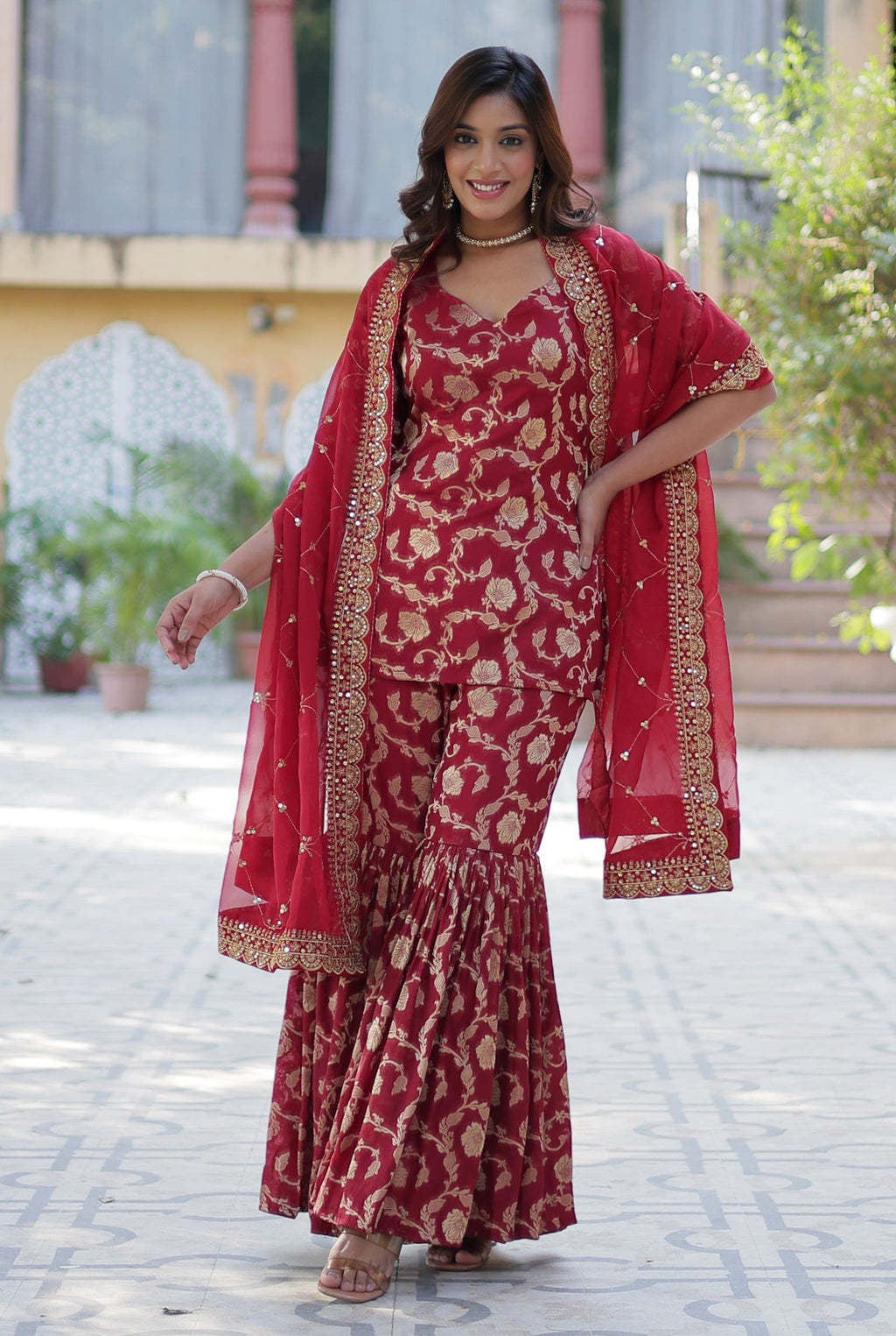 Vedant Vastram Heavy Embroidery & Sequins Work Pure Georgette Top Sharara Set With Dupatta - Maroon | Grocsy