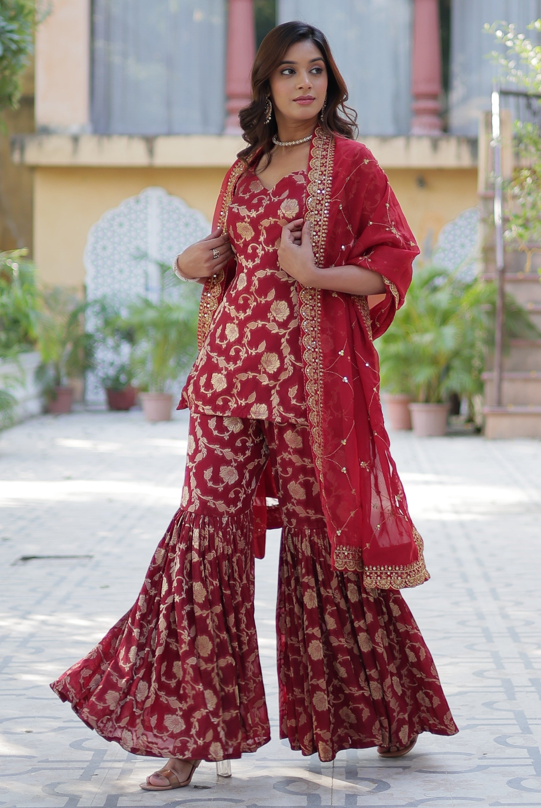 Vedant Vastram Heavy Embroidery & Sequins Work Pure Georgette Top Sharara Set With Dupatta - Maroon | Grocsy