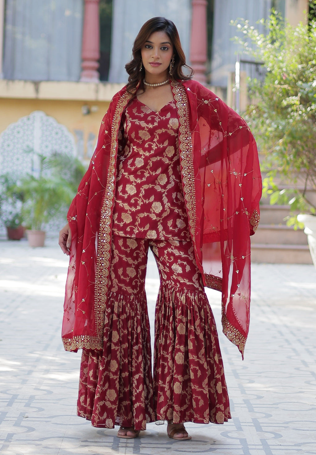 Vedant Vastram Heavy Embroidery & Sequins Work Pure Georgette Top Sharara Set With Dupatta - Maroon | Grocsy