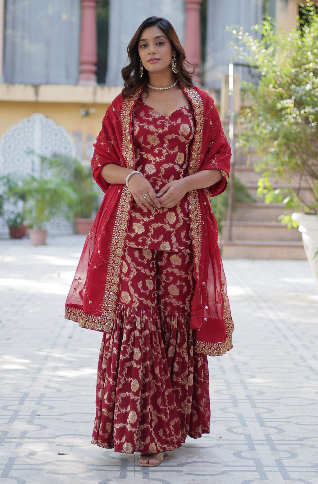 Vedant Vastram Heavy Embroidery & Sequins Work Pure Georgette Top Sharara Set With Dupatta - Maroon | Grocsy