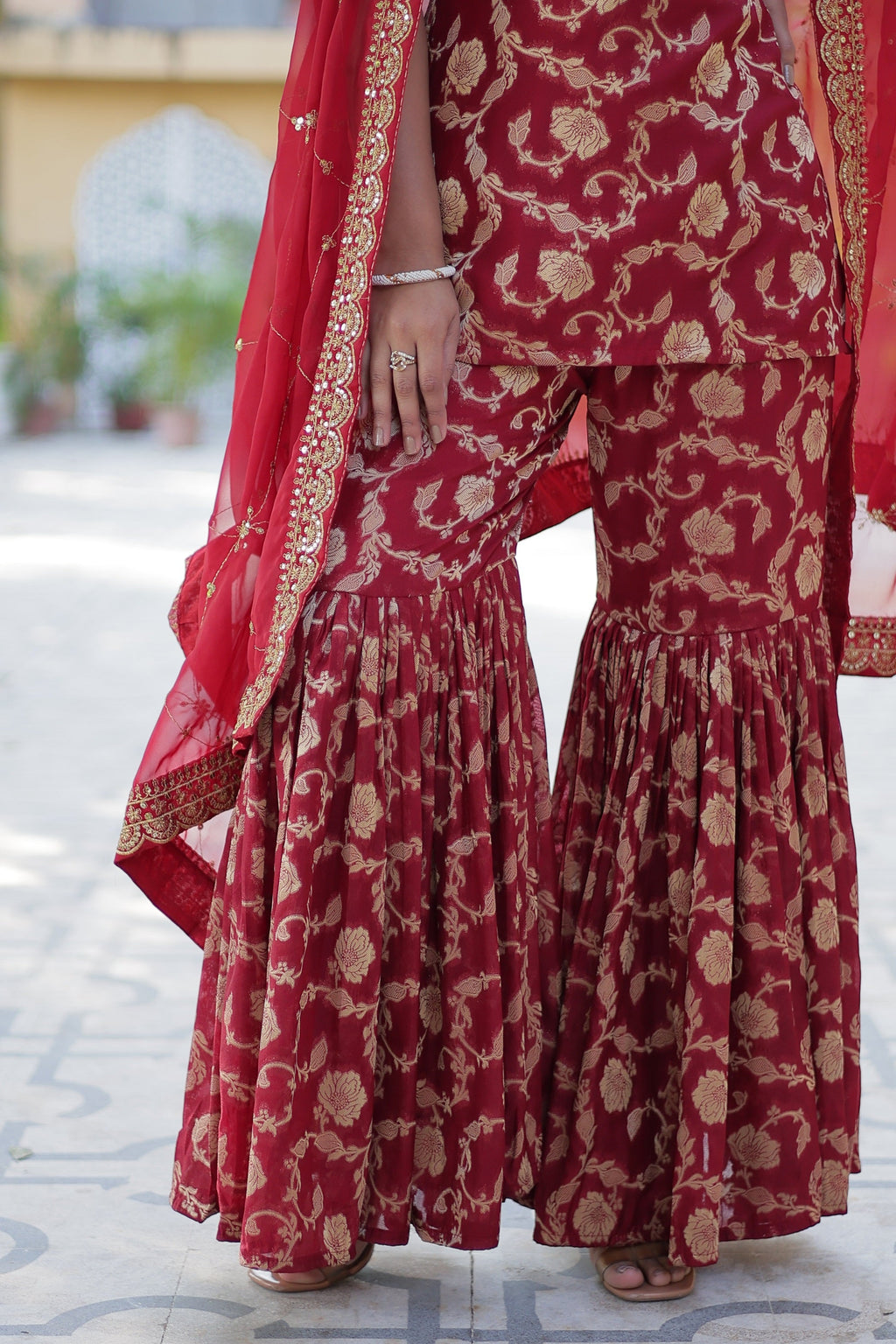 Vedant Vastram Heavy Embroidery & Sequins Work Pure Georgette Top Sharara Set With Dupatta - Maroon | Grocsy