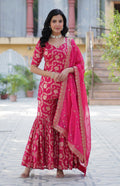 Vedant Vastram Heavy Embroidery & Sequins Work Pure Georgette Top Sharara Set With Dupatta - Pink | Grocsy