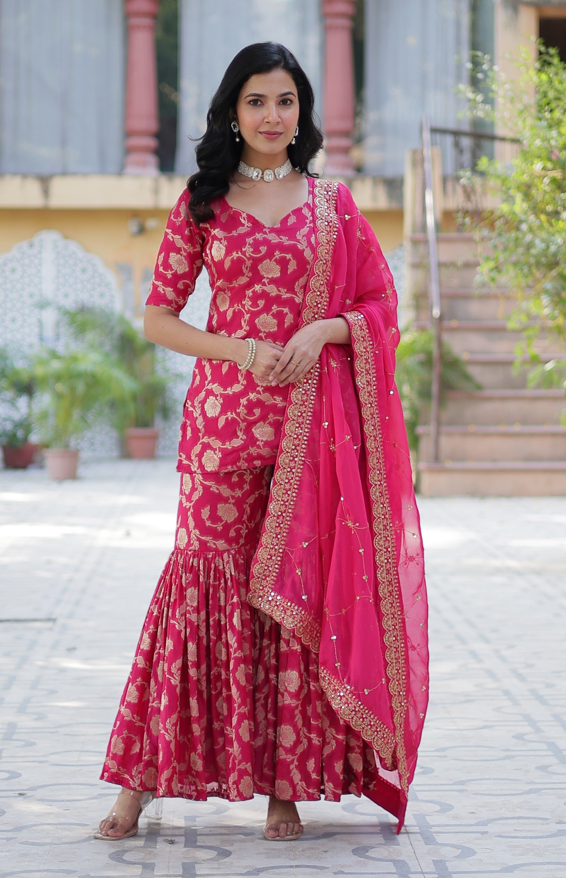 Vedant Vastram Heavy Embroidery & Sequins Work Pure Georgette Top Sharara Set With Dupatta - Pink | Grocsy