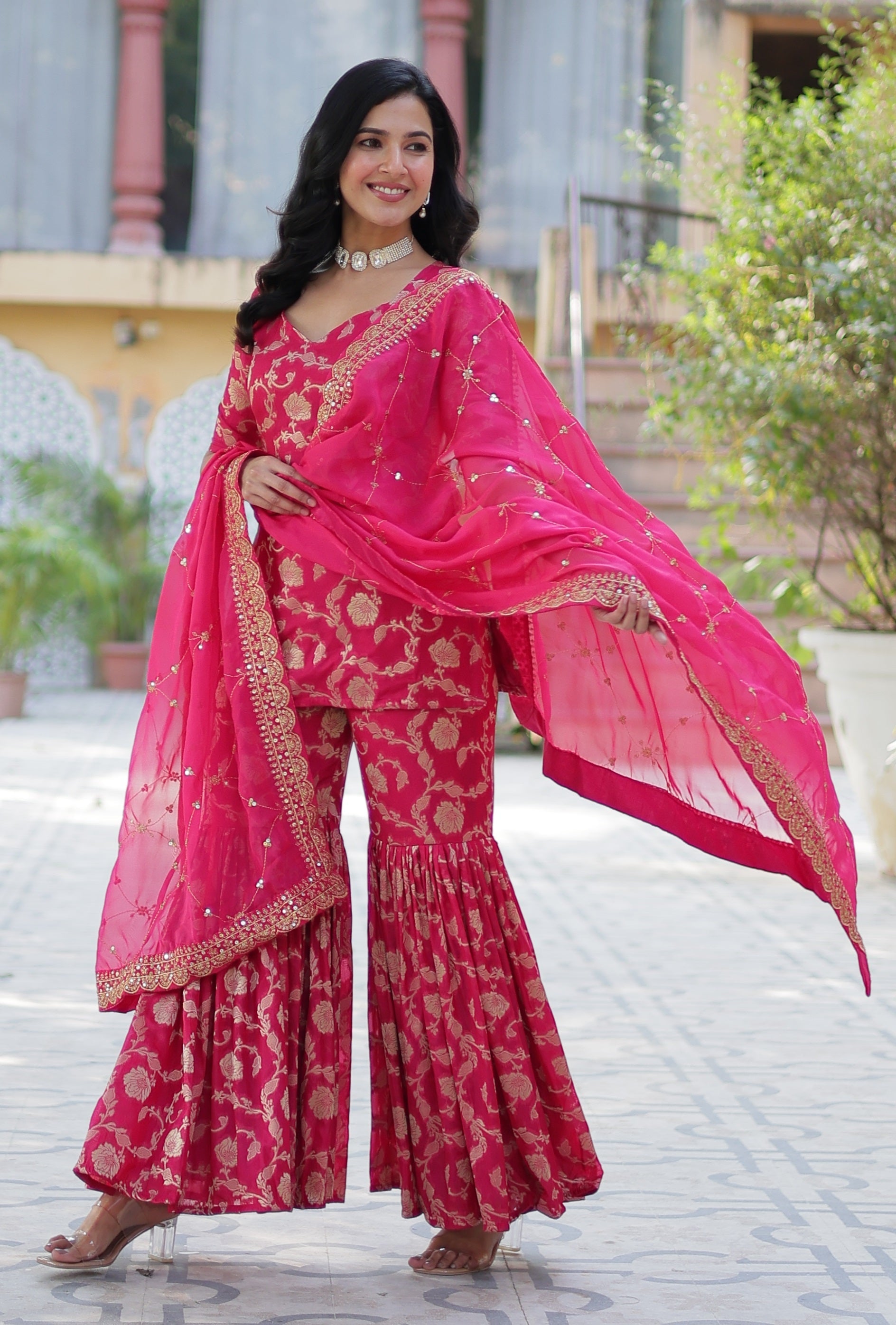 Vedant Vastram Heavy Embroidery & Sequins Work Pure Georgette Top Sharara Set With Dupatta - Pink | Grocsy