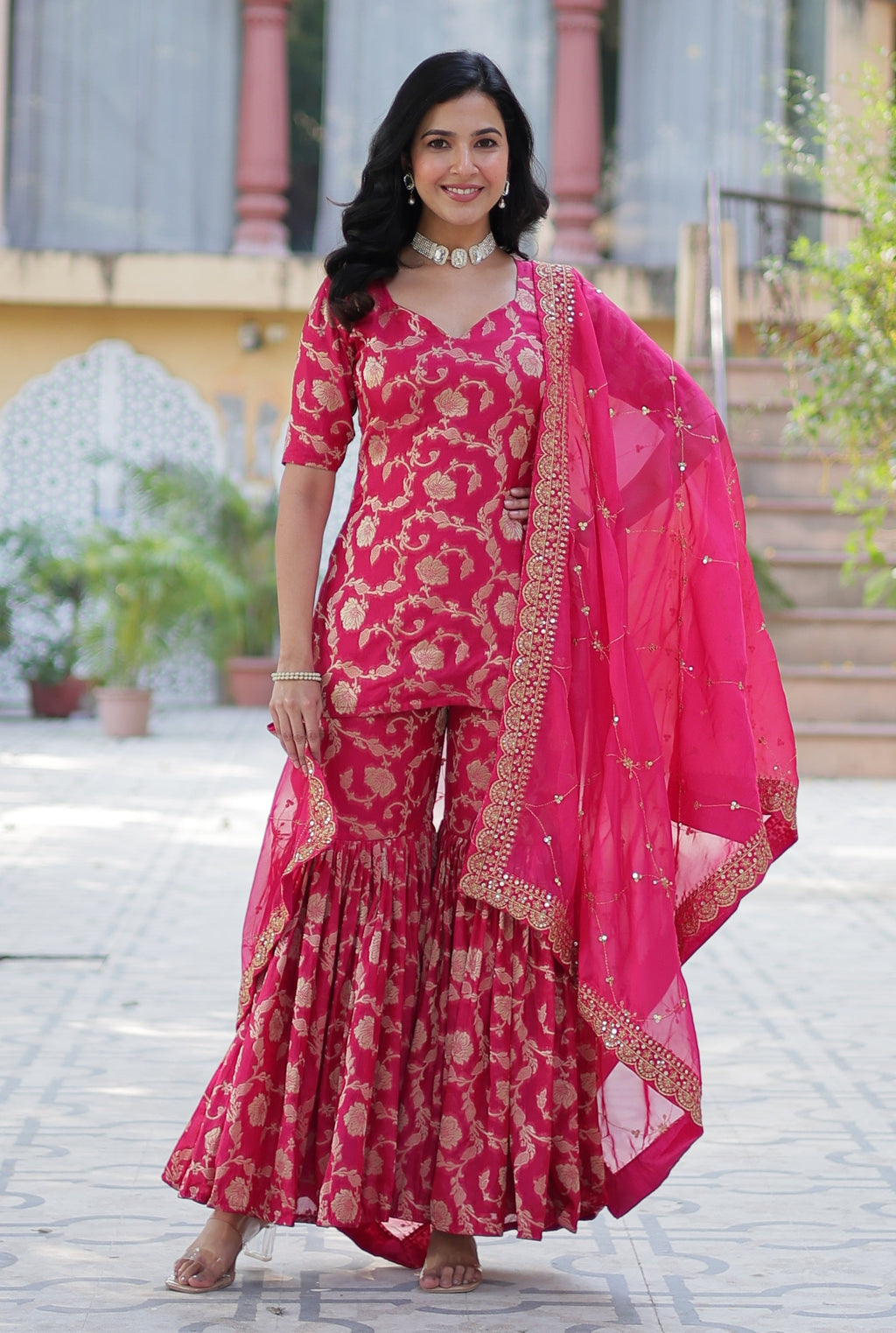 Vedant Vastram Heavy Embroidery & Sequins Work Pure Georgette Top Sharara Set With Dupatta - Pink | Grocsy
