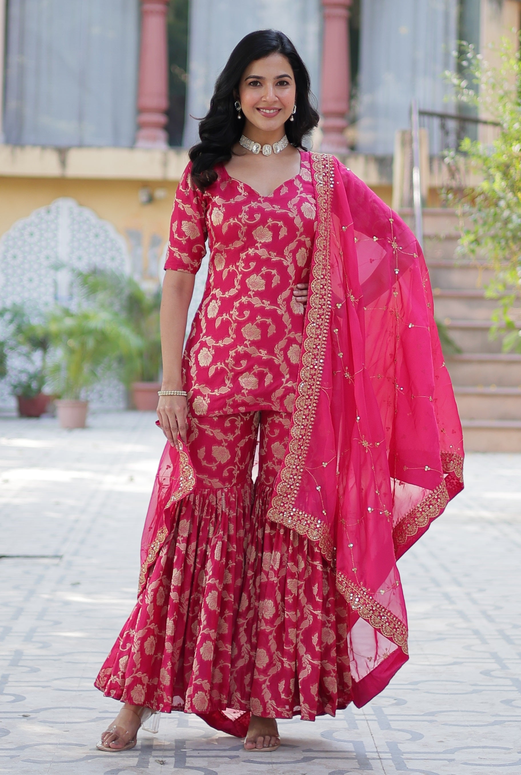 Vedant Vastram Heavy Embroidery & Sequins Work Pure Georgette Top Sharara Set With Dupatta - Pink | Grocsy