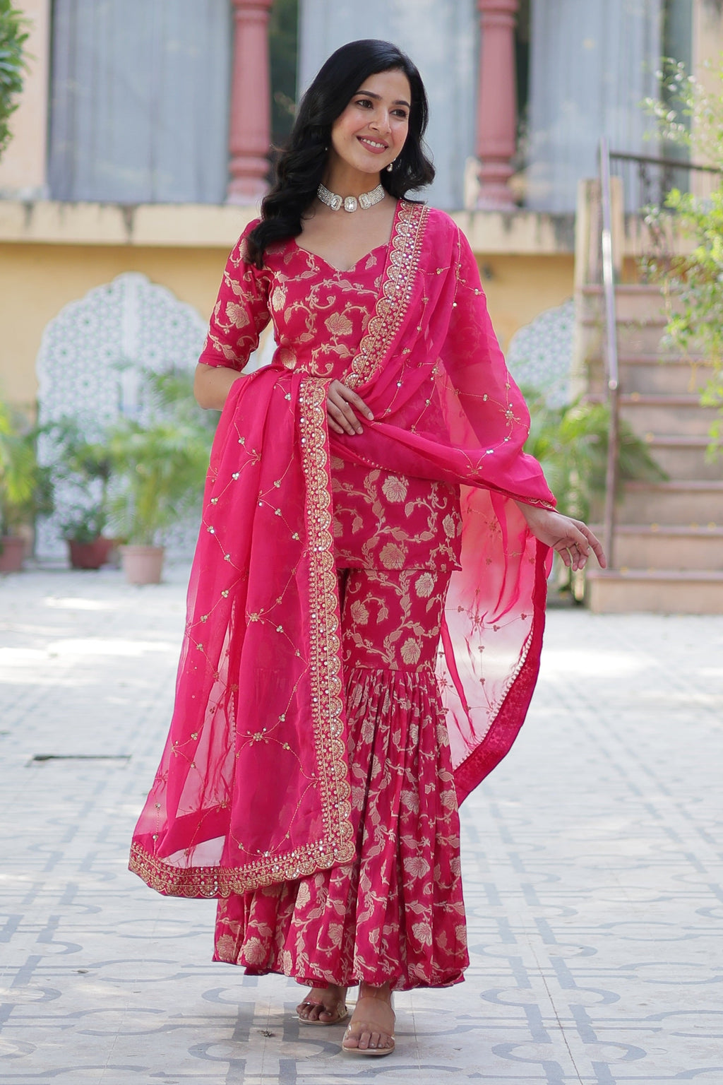 Vedant Vastram Heavy Embroidery & Sequins Work Pure Georgette Top Sharara Set With Dupatta - Pink | Grocsy