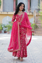 Vedant Vastram Heavy Embroidery & Sequins Work Pure Georgette Top Sharara Set With Dupatta - Pink | Grocsy