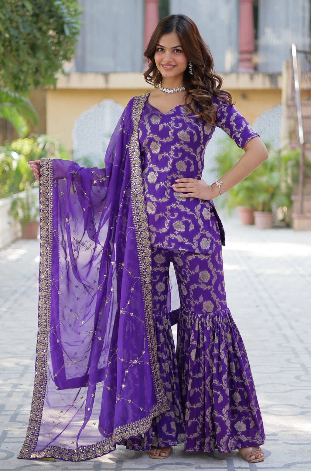 Vedant Vastram Heavy Embroidery & Sequins Work Pure Georgette Top Sharara Set With Dupatta - Violet | Grocsy