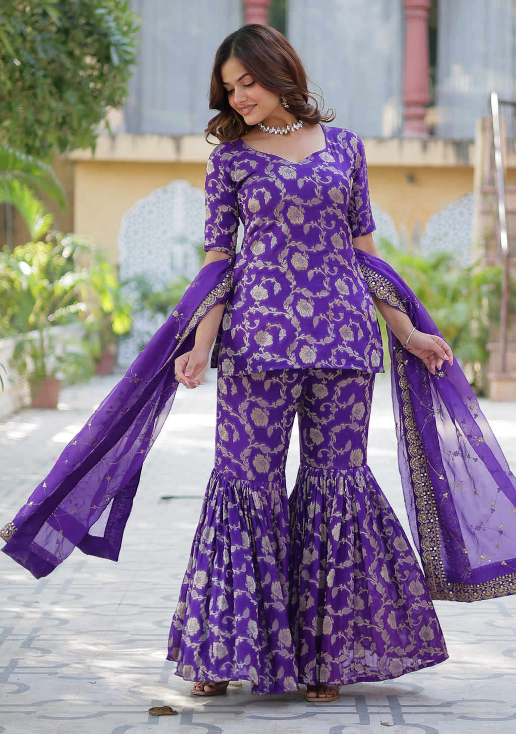 Vedant Vastram Heavy Embroidery & Sequins Work Pure Georgette Top Sharara Set With Dupatta - Violet | Grocsy