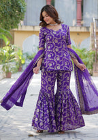 Vedant Vastram Heavy Embroidery & Sequins Work Pure Georgette Top Sharara Set With Dupatta - Violet | Grocsy