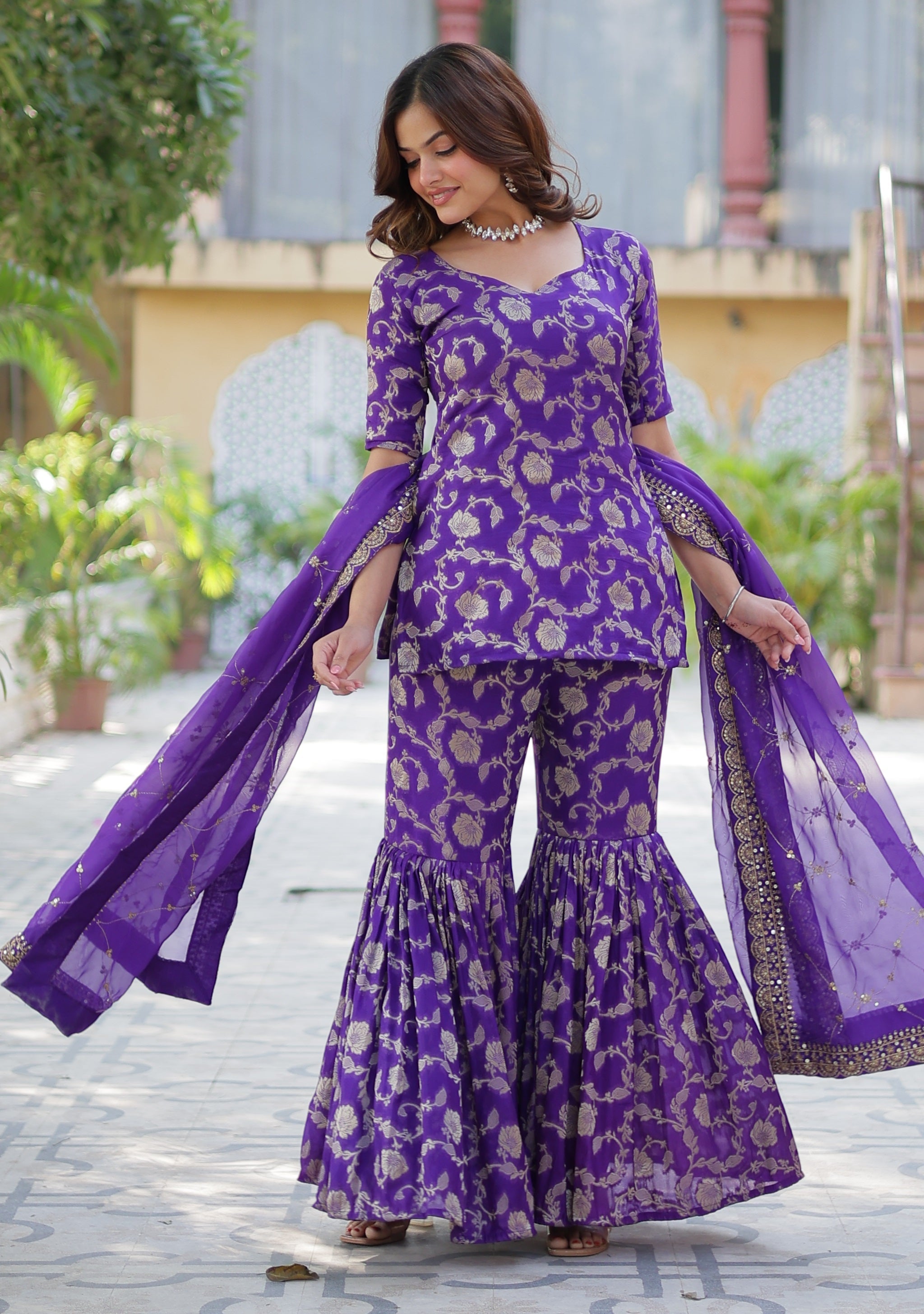 Vedant Vastram Heavy Embroidery & Sequins Work Pure Georgette Top Sharara Set With Dupatta - Violet | Grocsy