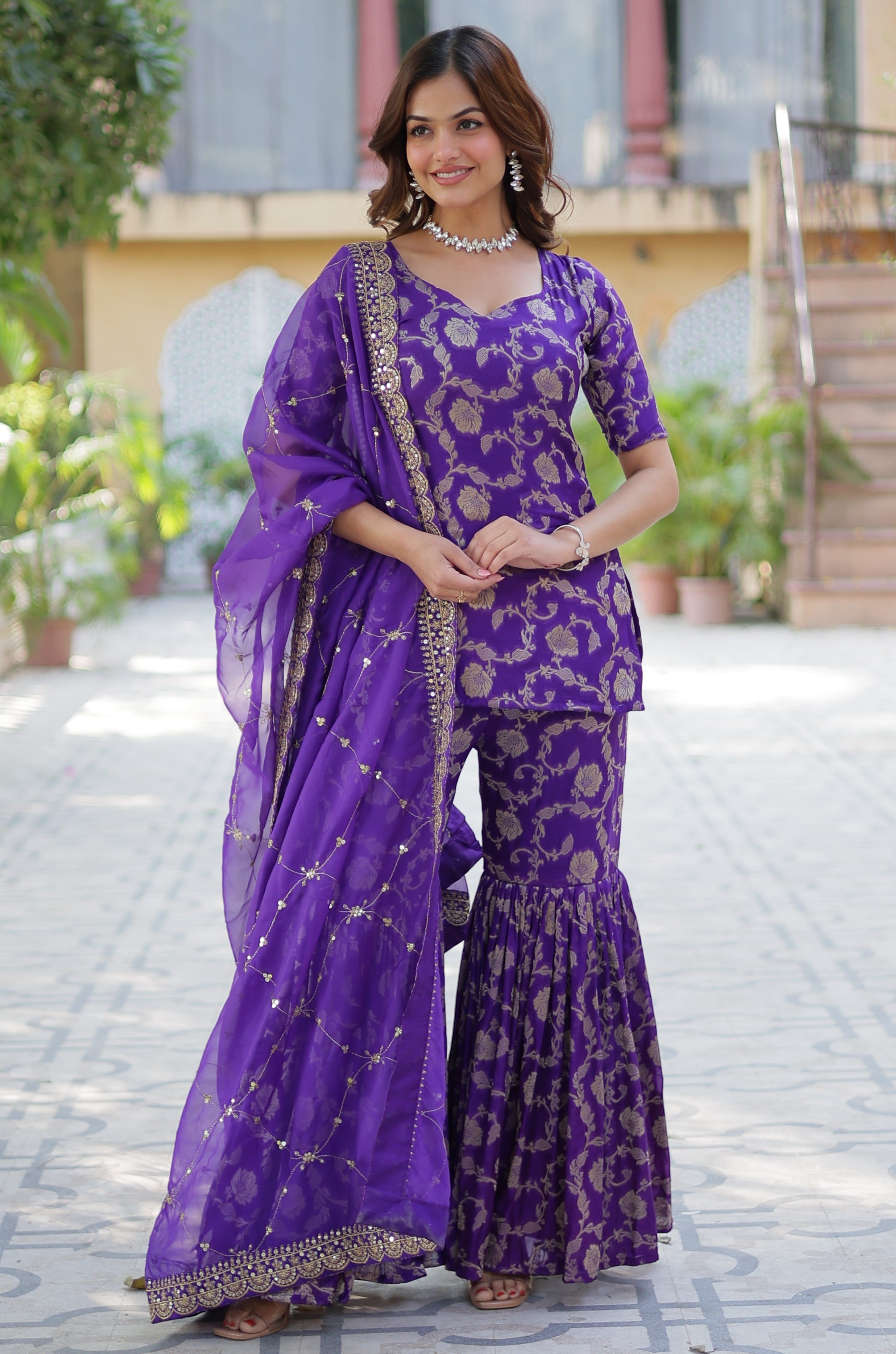 Vedant Vastram Heavy Embroidery & Sequins Work Pure Georgette Top Sharara Set With Dupatta - Violet | Grocsy