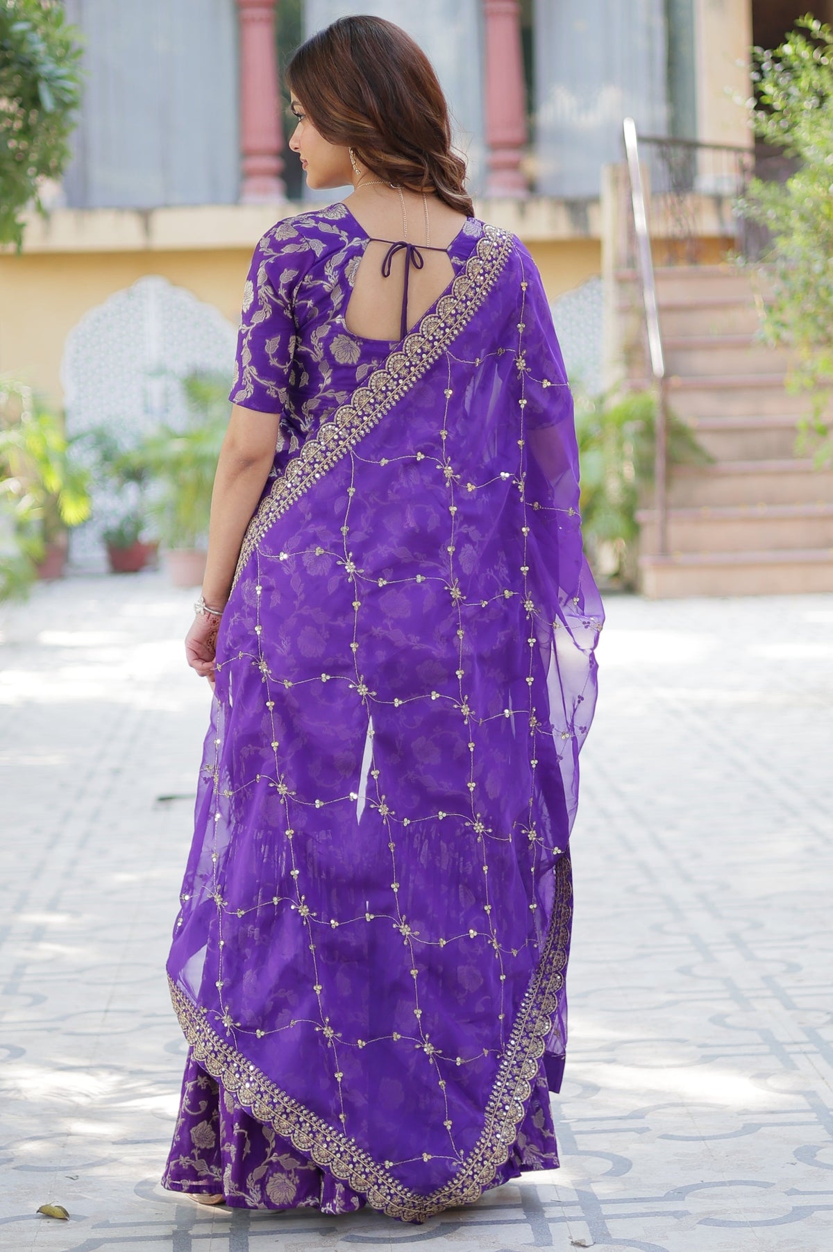 Vedant Vastram Heavy Embroidery & Sequins Work Pure Georgette Top Sharara Set With Dupatta - Violet | Grocsy