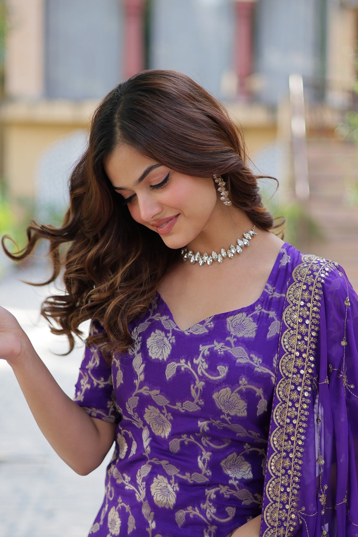 Vedant Vastram Heavy Embroidery & Sequins Work Pure Georgette Top Sharara Set With Dupatta - Violet | Grocsy