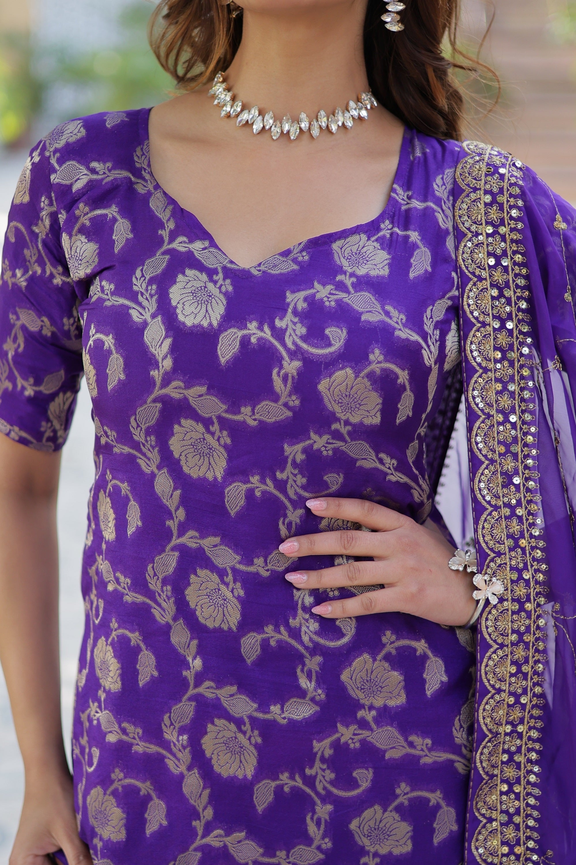Vedant Vastram Heavy Embroidery & Sequins Work Pure Georgette Top Sharara Set With Dupatta - Violet | Grocsy