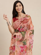 Saree Mall Pink Floral Printed Organza Sarees | Grocsy