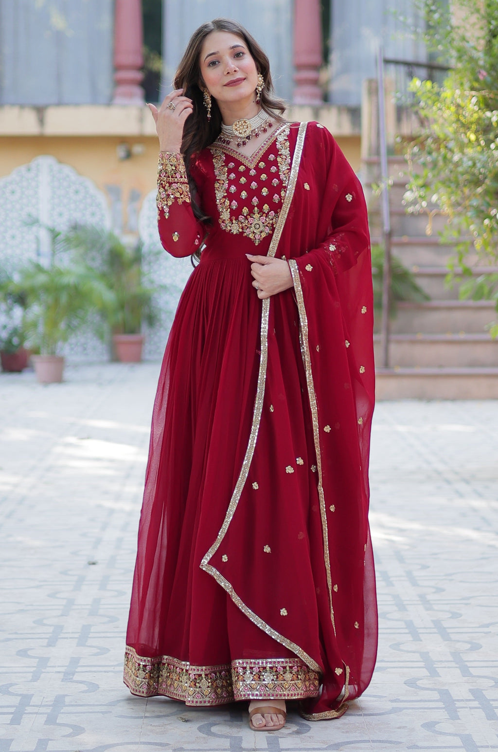 Vedant Vastram Heavy Embroidery & Sequins Work Pure Georgette Gown With Dupatta - Maroon | Grocsy