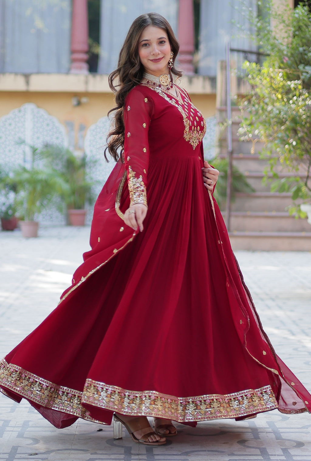 Vedant Vastram Heavy Embroidery & Sequins Work Pure Georgette Gown With Dupatta - Maroon | Grocsy