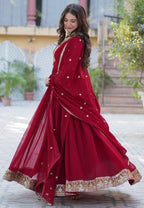Vedant Vastram Heavy Embroidery & Sequins Work Pure Georgette Gown With Dupatta - Maroon | Grocsy