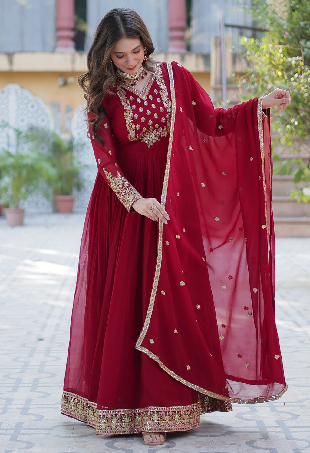 Vedant Vastram Heavy Embroidery & Sequins Work Pure Georgette Gown With Dupatta - Maroon | Grocsy