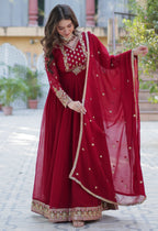 Vedant Vastram Heavy Embroidery & Sequins Work Pure Georgette Gown With Dupatta - Maroon | Grocsy