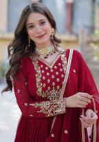 Vedant Vastram Heavy Embroidery & Sequins Work Pure Georgette Gown With Dupatta - Maroon | Grocsy