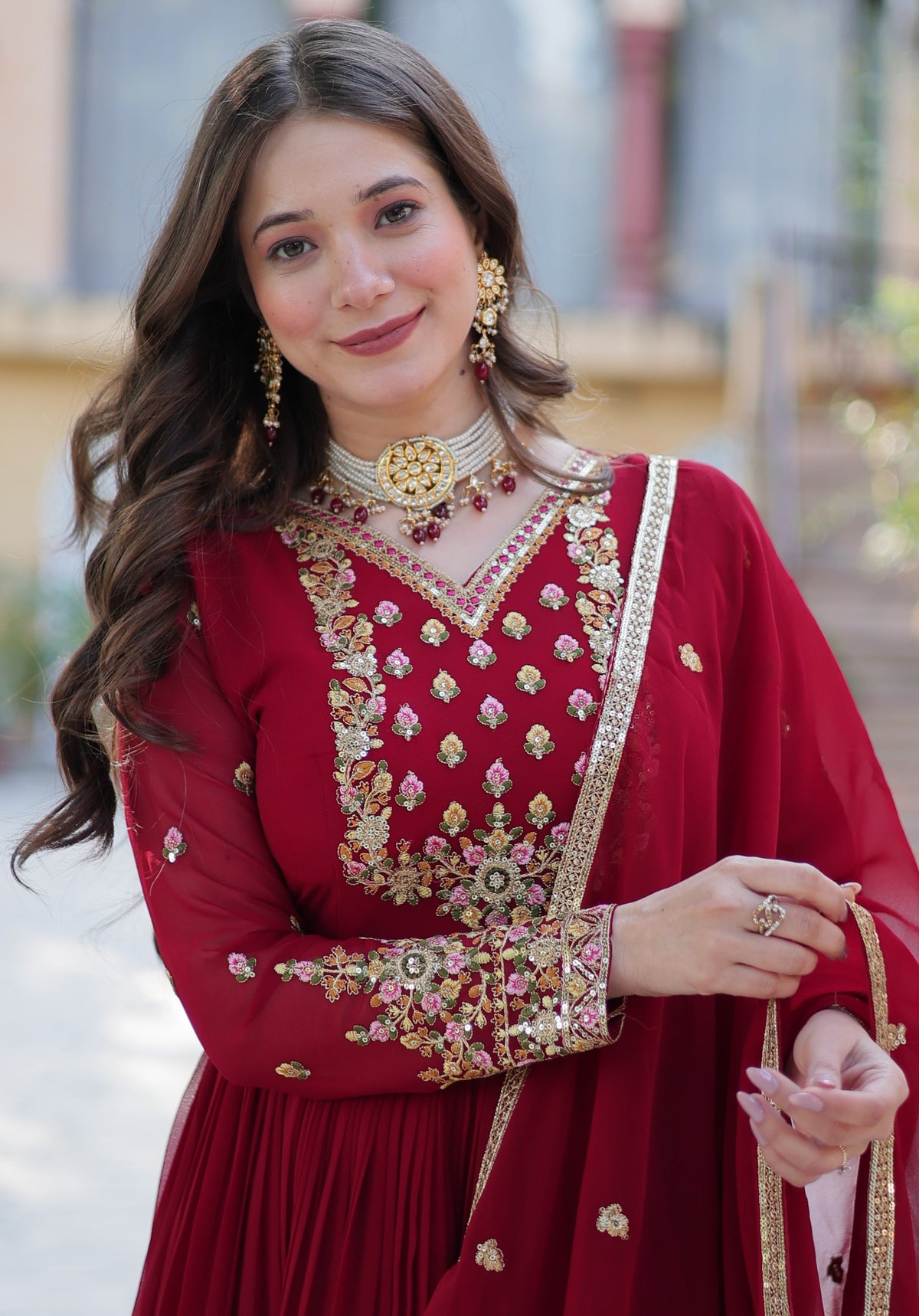 Vedant Vastram Heavy Embroidery & Sequins Work Pure Georgette Gown With Dupatta - Maroon | Grocsy