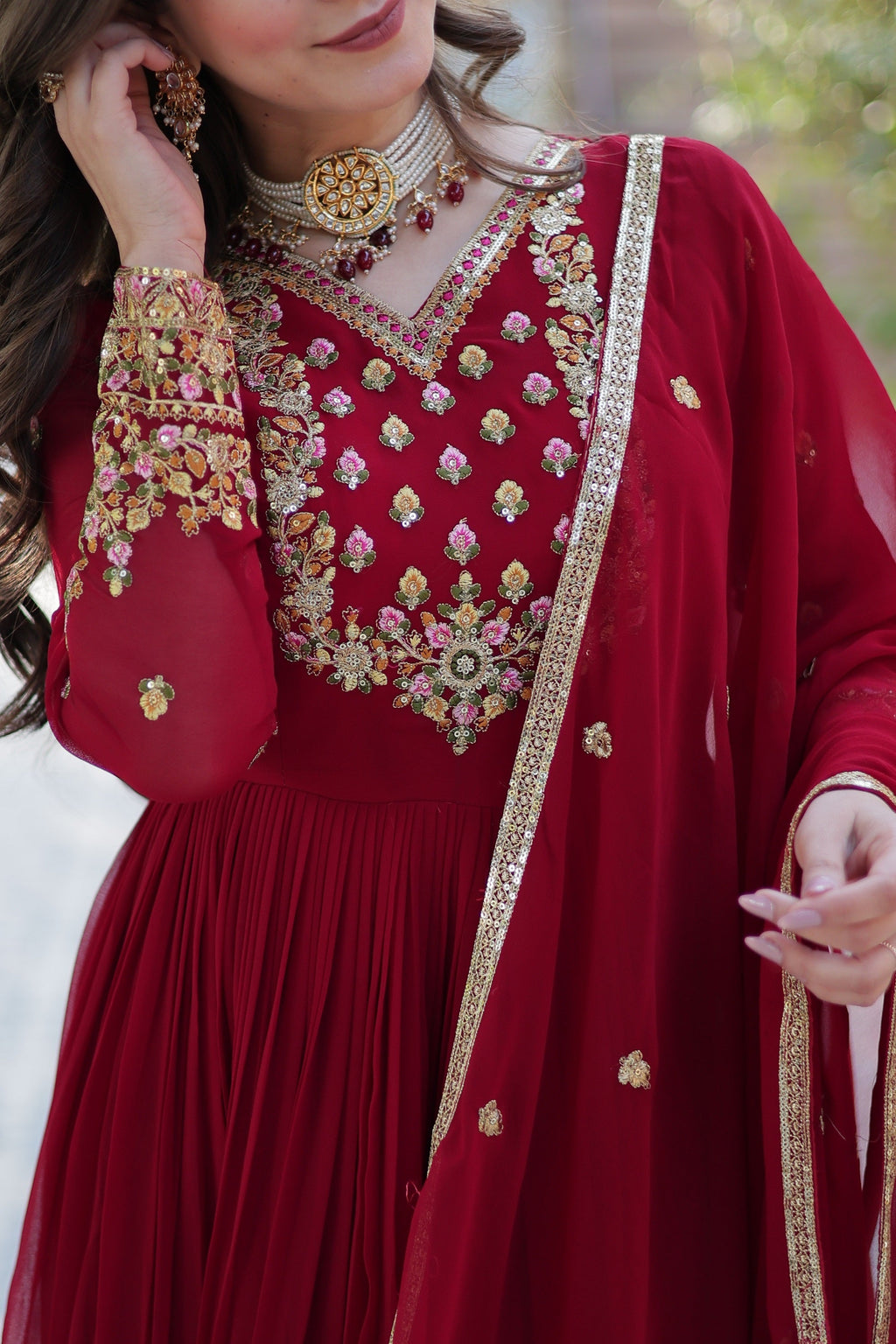 Vedant Vastram Heavy Embroidery & Sequins Work Pure Georgette Gown With Dupatta - Maroon | Grocsy