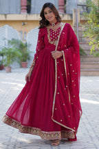 Vedant Vastram Heavy Embroidery & Sequins Work Pure Georgette Gown With Dupatta - Pink | Grocsy