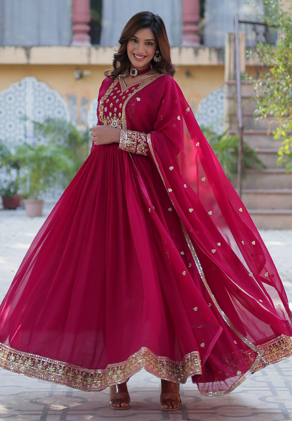 Vedant Vastram Heavy Embroidery & Sequins Work Pure Georgette Gown With Dupatta - Pink | Grocsy