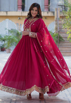 Vedant Vastram Heavy Embroidery & Sequins Work Pure Georgette Gown With Dupatta - Pink | Grocsy