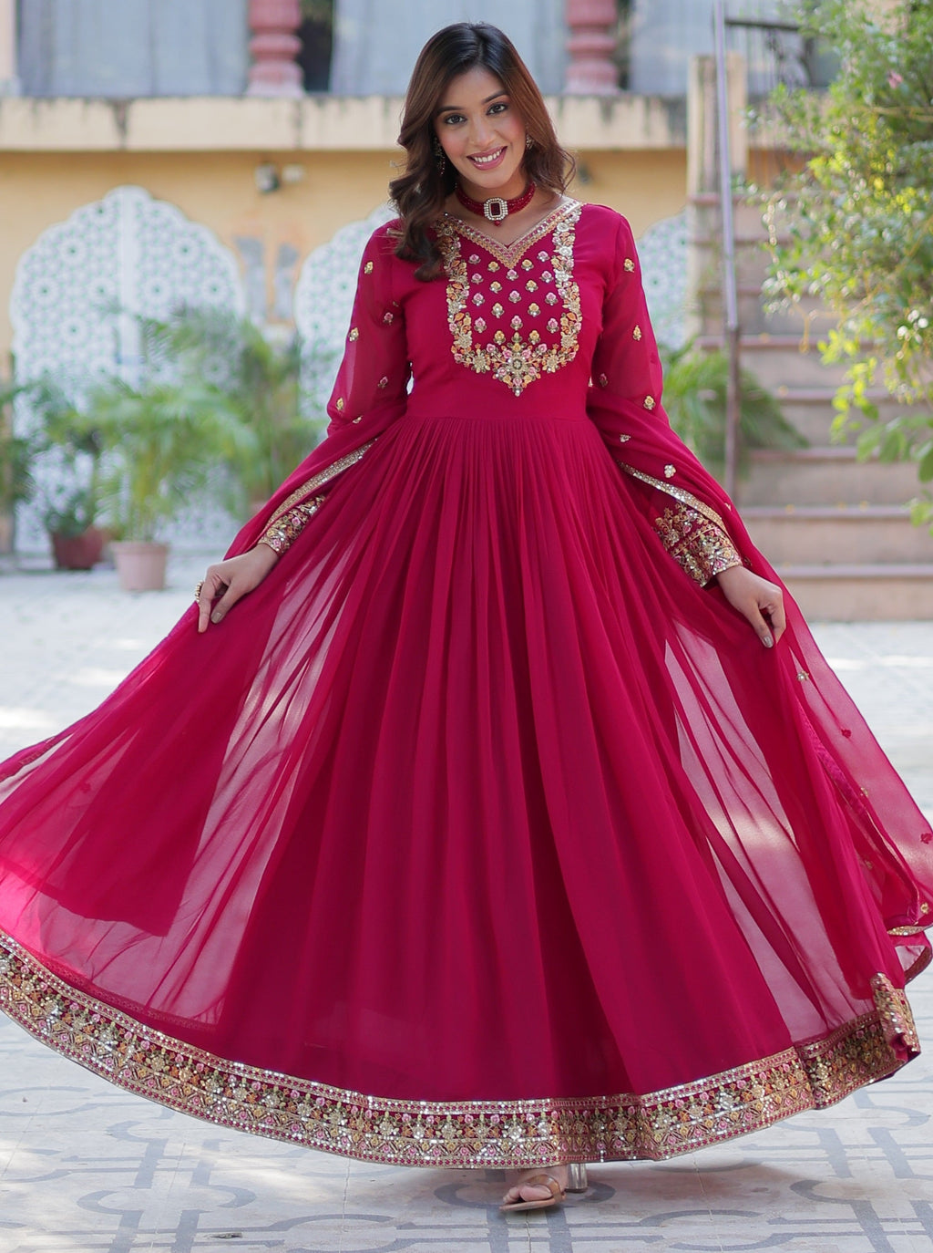 Vedant Vastram Heavy Embroidery & Sequins Work Pure Georgette Gown With Dupatta - Pink | Grocsy