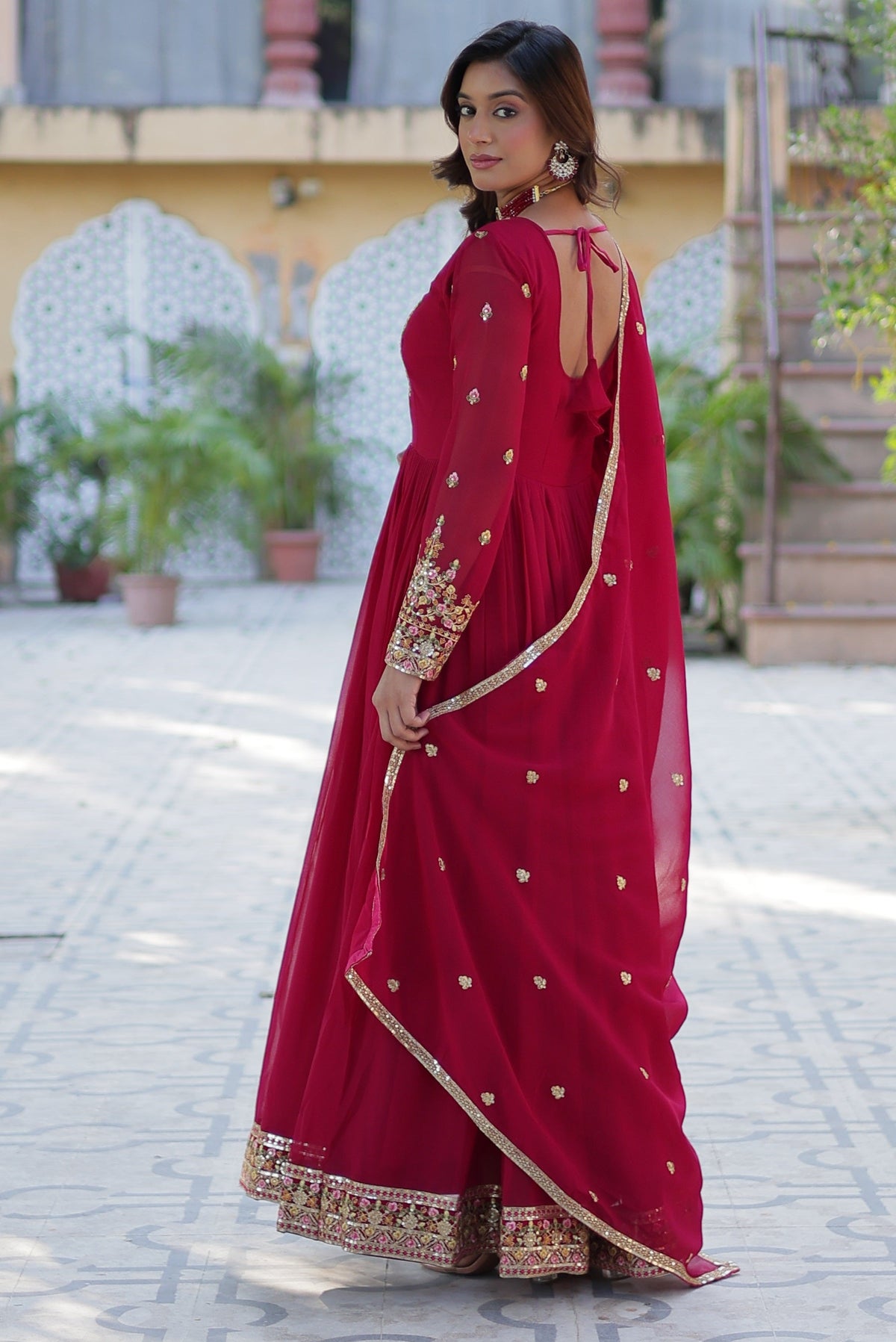 Vedant Vastram Heavy Embroidery & Sequins Work Pure Georgette Gown With Dupatta - Pink | Grocsy