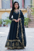 Vedant Vastram Heavy Embroidery & Sequins Work Pure Georgette Gown With Dupatta - Rama Blue | Grocsy