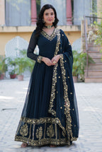 Vedant Vastram Heavy Embroidery & Sequins Work Pure Georgette Gown With Dupatta - Rama Blue | Grocsy